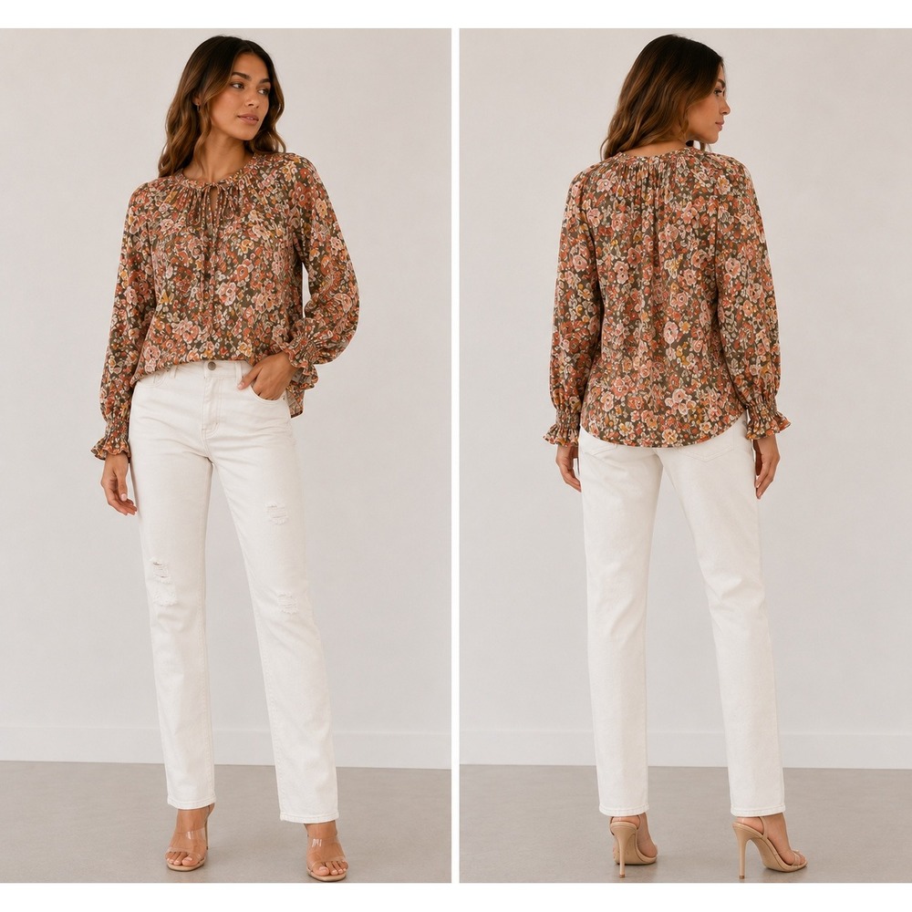 Floral Tie Neck Blouse Womens Large Brown Rust Long Sleeve Ruffle Cuff Boho Top